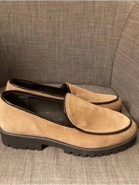 Donald J. Pliner Tan Suede Slip-On Loafers with Black Lug Sole